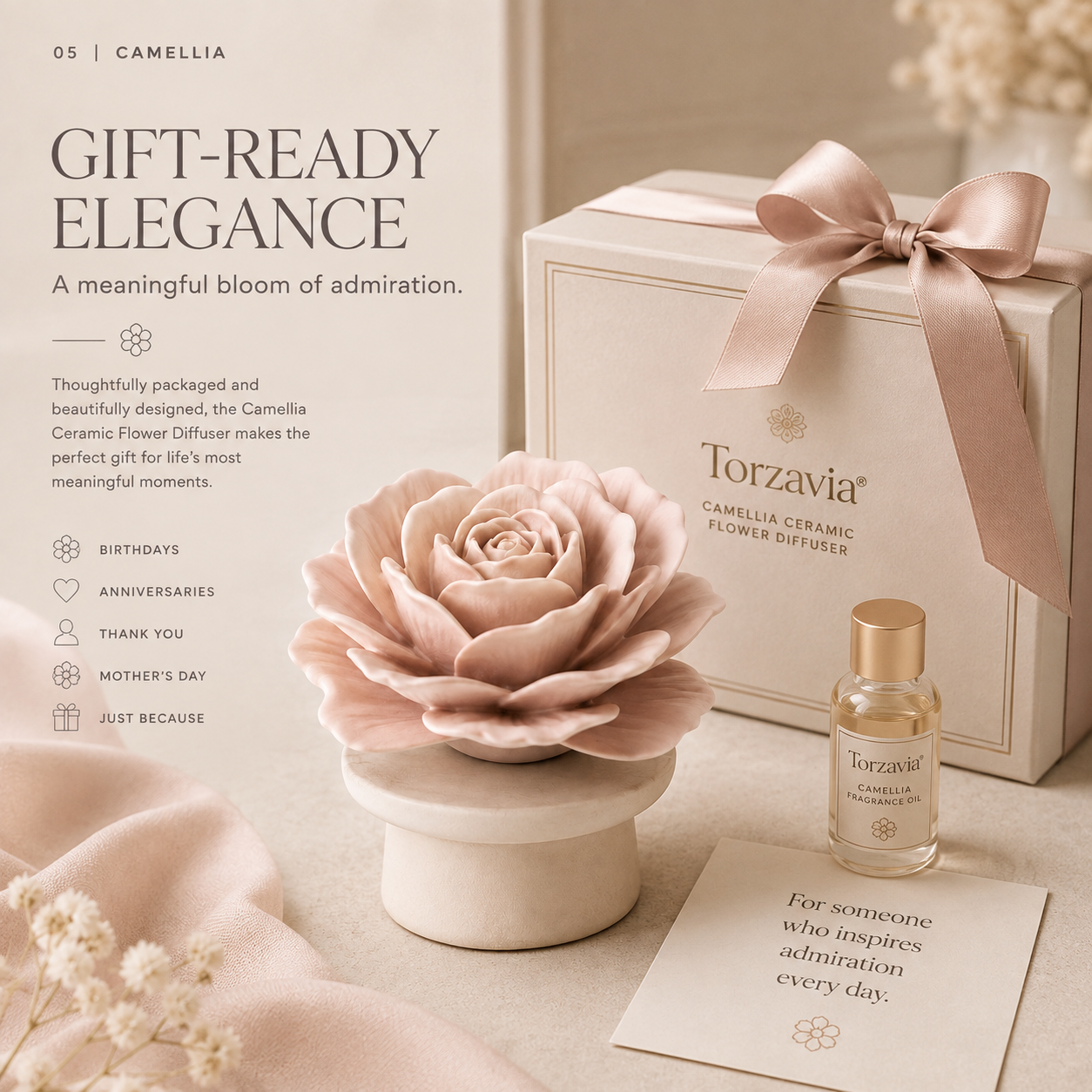 🌸 Torzavia® Camellia Ceramic Flower Diffuser