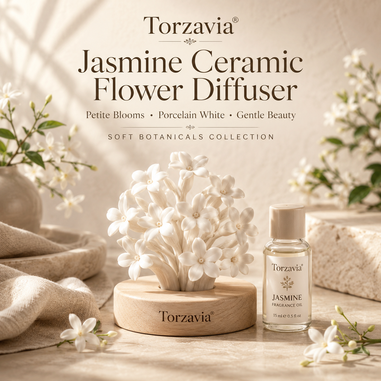 🌿 Torzavia® Jasmine Ceramic Flower Diffuser