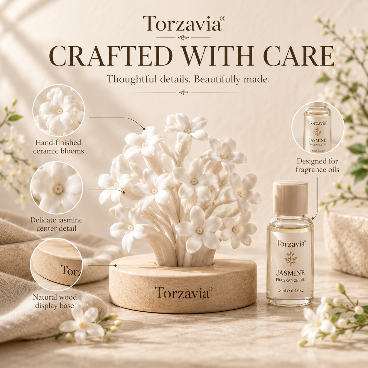 🌿 Torzavia® Jasmine Ceramic Flower Diffuser